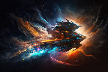 Poster - Time Travel Inside the Quantum Realm. Traveling into quantum world with quantum ship. experiments in quantum mechanics, theory about micro-world of atoms and particles. AI generative