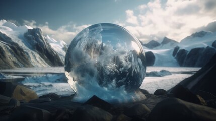 Poster - Magic snow globe planet glacier in winter. Generative ai