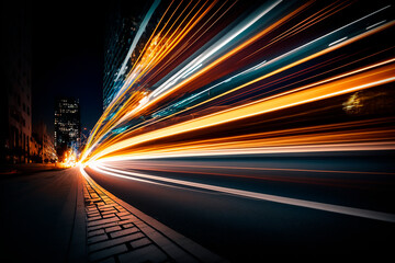 abstract long exposure dynamic speed light trails in an urban environment. Generative AI.