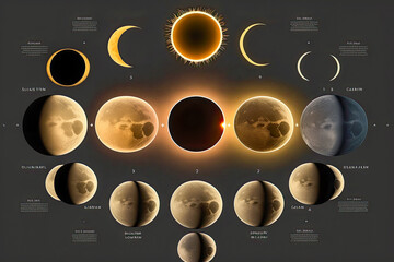 Poster - Different phases of solar eclipse. Sun Earth and Moon in a diagram - Generative AI