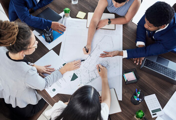 Poster - business people, hands and planning construction above in meeting for team collaboration at office. 