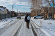 Winter landscape with slippery country road in to Novo-Aleksandrivka village in Dnepropetrovskaya oblast, Ukraine