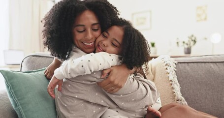 family, mother and girl, hug and kiss with love and spending quality time together at home. happines