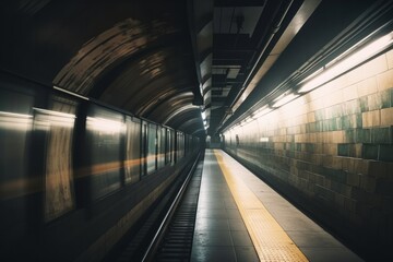 Poster - Fast underground train riding in a tunnel of the modern city. Generative ai