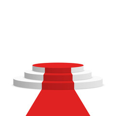 Poster - Stage podium with red carpet. White round pedestal with stairs and red carpet isolated on background. Stage for winners and award ceremony