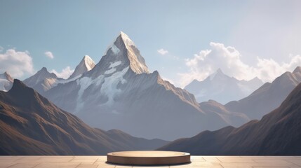 Poster - Podium for product advertisement or restaurant menus with beautiful mountain background. Generative ai