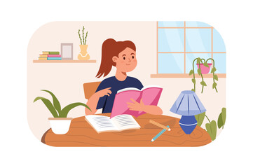 Aufkleber - Doing homework kids concept with people scene in the flat cartoon design. Little girl is reading a book that the teachers told her to read. Vector illustration.