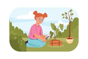 Aufkleber - Save the planet kids concept with people scene in the flat cartoon style. Little girl plants trees in the garden to save our planet. Vector illustration.