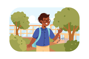 Aufkleber - Back to school kids concept with people scene in the flat cartoon design. Boy goes to school after summer holidays. Vector illustration.