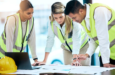 Poster - Architect, team and meeting in blueprint planning for construction, architecture or project collaboration. Group of contractors discussing floor plan or teamwork strategy for industrial architecture