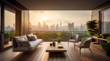 Home Interior Design Relax Casual Living Room Against Sunning City View Background Night Time , Image Ai Generate