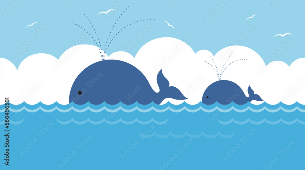 Vector Blue Whale Family In The Sea Seamless Background Illustration ...
