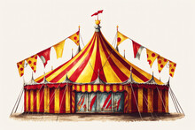A Red And Yellow Striped Circus Tent. Digital Art Illustration. Generative AI.