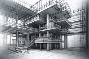 Poster - building with stairs and balconies. Generative AI