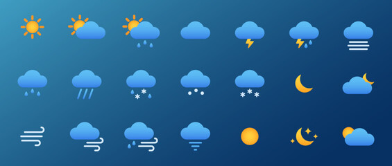 set of 21 basic weather icons with gradient colors. can be used for web, apps, stickers. isolated ve