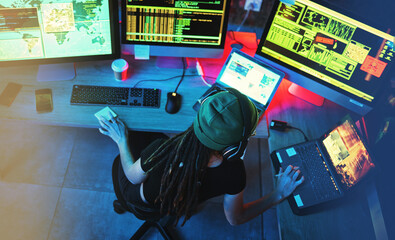 Aufkleber - Coding hacker, woman programmer and computer work for cybersecurity, programming and big data. Hack above, dashboard and technology of a female working on futuristic, iot and software database
