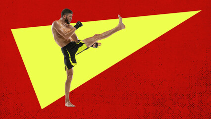 MMA fighter. Muscular strong man, professional boxer fighting, training martial arts. Contemporary art collage. Concept of combat sport, competition, action and motion. Creative colorful design