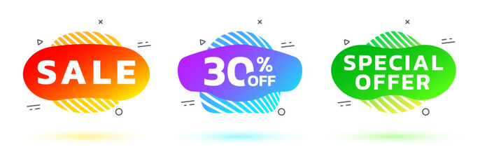 Sticker - sale badge, sticker or label set. special offer, price off liquid shape design. discount, promotion 