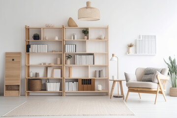 scandinavian bookcase with armchair in modern cozy interior of room. home library with book shelf. g