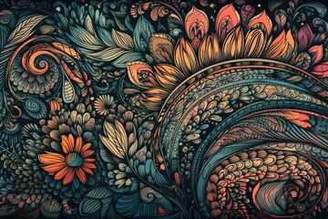 Wall Mural - colorful flowers and leaves contrasted against a black backdrop. Generative AI