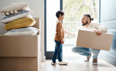 Poster - Family moving, new house and box with property, father and child with real estate and home owner. Parent with mortgage, man comfort boy and happy about move, love and kindness with relocation boxes