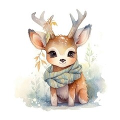 Cute portrait of deer. Drawing baby wild face isolated on white background. Watercolor sweet deer for kids poster and card. 