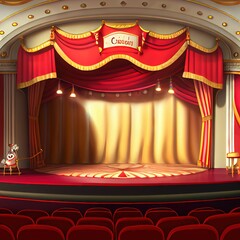 Sticker - Cartoon theater stage with red curtains, created with generative ai