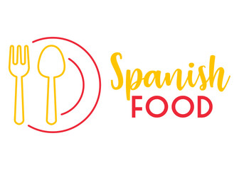 Poster - Logo restaurante español. Cocina tradicional. Letras palabra Spanish food en texto manuscrito con cubiertos y platos con los colores de la bandera de España