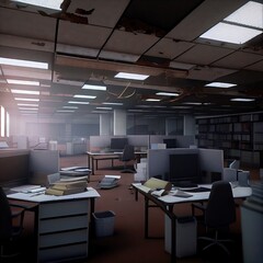 Sticker - Empty office due to pandemic, computer game style, wide angle lens, created with generative ai