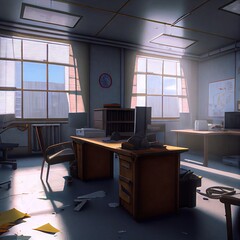 Canvas Print - Empty office due to pandemic, computer game style, wide angle lens, created with generative ai