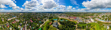 Dmitrov, Russia - August 19, 2020: Dmitrov Kremlin Is A Partially Preserved Ancient Russian Fortress Of The 12th Century. Assumption Cathedral. Aerial View. Panorama 360