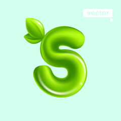 Wall Mural - Letter S eco logo with green leaves. 3D realistic and cartoon balloon style. Glossy vector illustration.