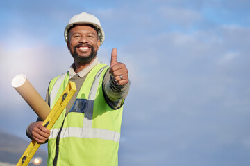 Wall Mural - Black man, architect and construction with blueprint and thumbs up, infrastructure and builder with success. Mockup, blueprint and helmet for safety, happy male contractor with agreement in portrait