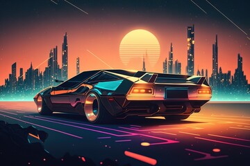 Poster - Abstraction of a car at sunset in pink shades.Futuristic innovative car. Generative AI