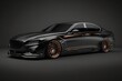A modern black car with the headlights on on a black background.Futuristic innovative car. Generative AI