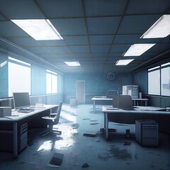 Canvas Print - Empty office due to pandemic, computer game style, wide angle lens, created with generative ai