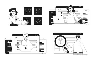 Poster - Web development process black and white concept vector spot illustrations pack. Editable 2D flat monochrome cartoon characters for web design. Creative line art ideas set for website, mobile, blog