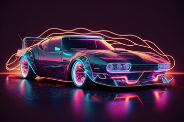 Fototapete - A car with neon lighting on a dark background.Futuristic innovative car. Generative AI