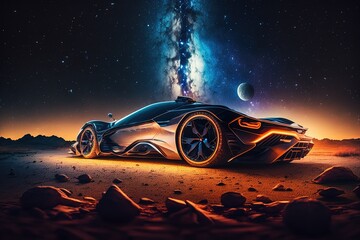 Poster - A fantastic picture of a modern car against the background of space.Futuristic innovative car. Generative AI