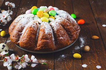 Sticker - Easter Cake, Traditional Cake Decorated with Sugar Eggs on Wooden Rustic Background