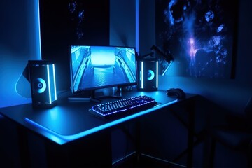 Poster - Futuristic modern workplace of an Internet blogger, streamer or computer gamer.Futuristic, modern illustration. Innovative technologies. Generative ai