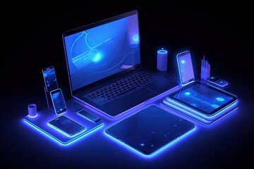 Poster - A computer network consisting of a laptop, phone, tablet on the table.Futuristic, modern illustration. Innovative technologies. Generative ai