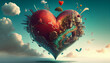 Kreatives futuristisches Herz im Himmel, schwebend, freigestellt zum Valentinstag, Liebe, Generative AI 