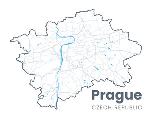  Detailed map of Prague - the capital of Czech Republic - Urban borders map. Light stroke version of Praha City poster with streets and Vltava River.