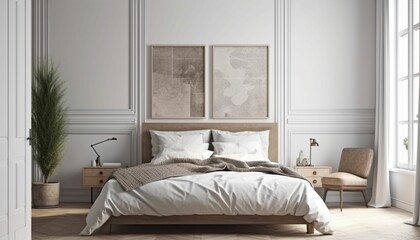 Wall Mural - hoto of a mockup wooden frame on a clean scandinavian bedroom wall with a bed in the room, Generative IA