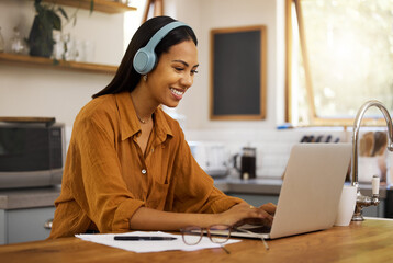Poster - Typing, remote work and woman on laptop happy at home working on project, strategy and planning in kitchen. Freelancer, business and girl with headphones for music, working online and streaming audio