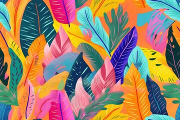 Wall Mural - Seamless pattern tropical background, illustration of exotic summer leaf and plants in vivid colorful colors, flat lay. Generative AI.