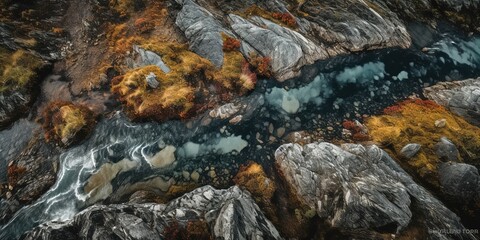 Poster - View from a height on the Surface of a Mountain River.Aerial view. Panoramic shot. Generative AI