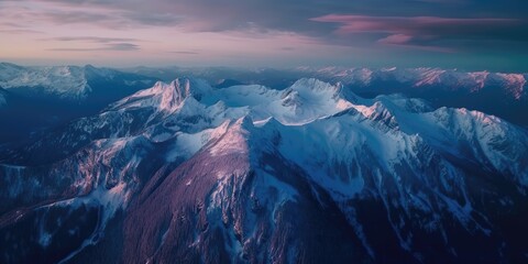 Poster - A colorful view from the height of the blue snow-covered mountain landscape.Aerial view. Panoramic shot. Generative AI