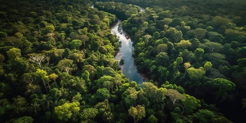 Poster - View from the height of the river among the green forest.Aerial view. Panoramic shot. Generative AI